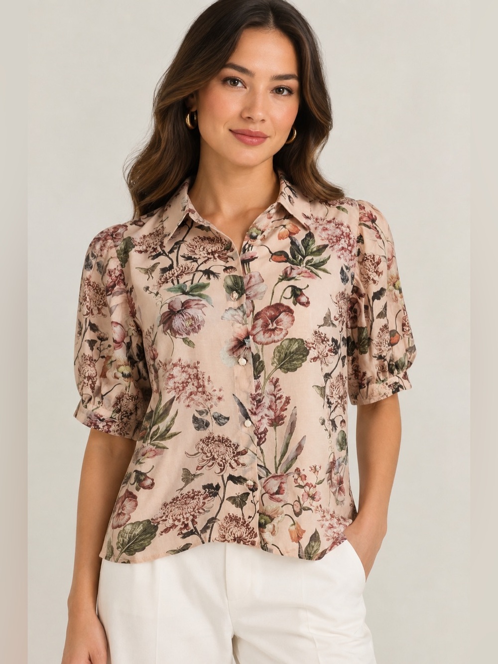 Bailey 44 Pink Floral Puff Short Sleeve Button Down Blouse Shirt L